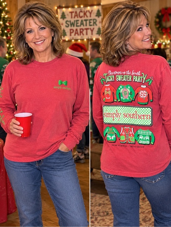 Simply Southern Tops - Simply Southern Coral Long Sleeve Tee with Green Bow Chest Logo